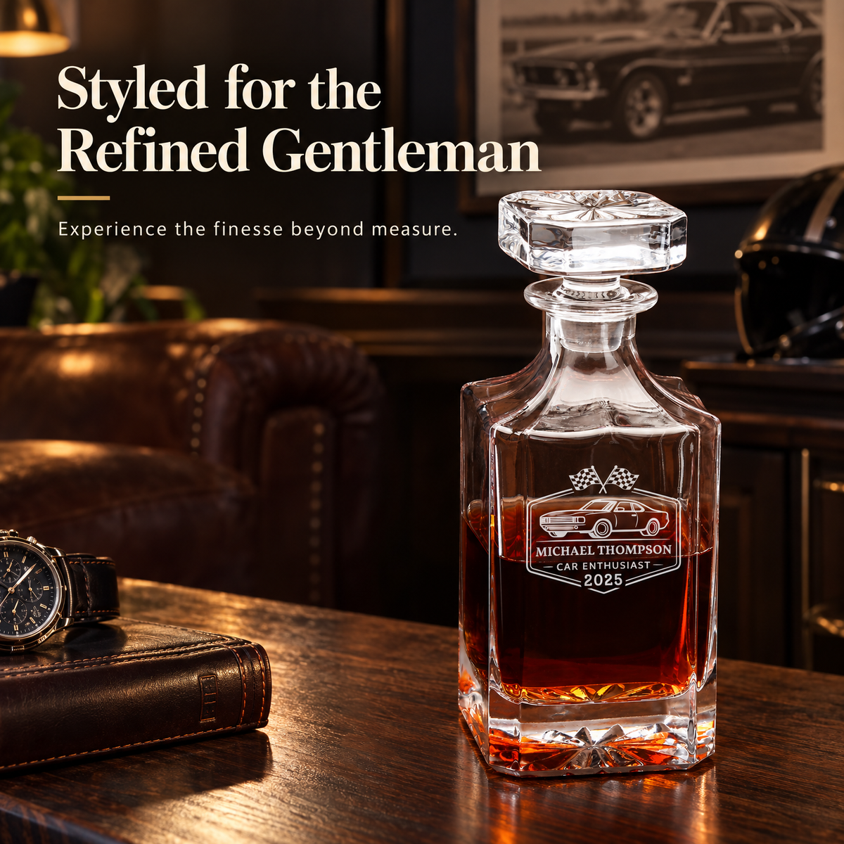 Gift for Car & Motorcycle Enthusiasts – Square Decanter Set with 4 Glasses & Wooden Box product image