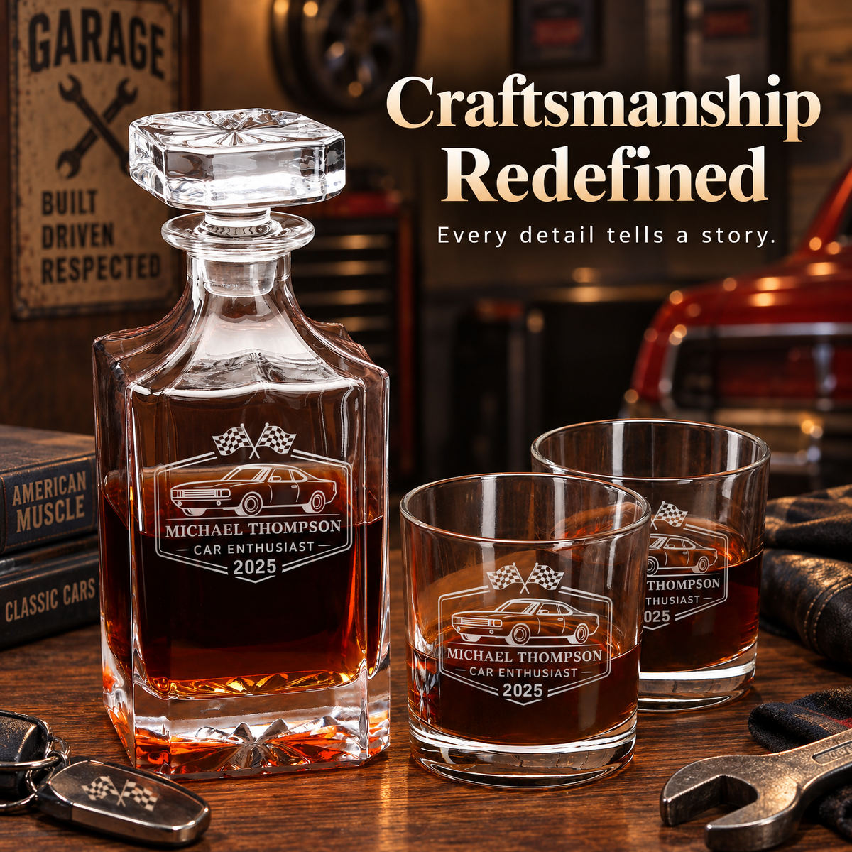 Gift for Car & Motorcycle Enthusiasts – Square Decanter Set with 4 Glasses & Wooden Box product image