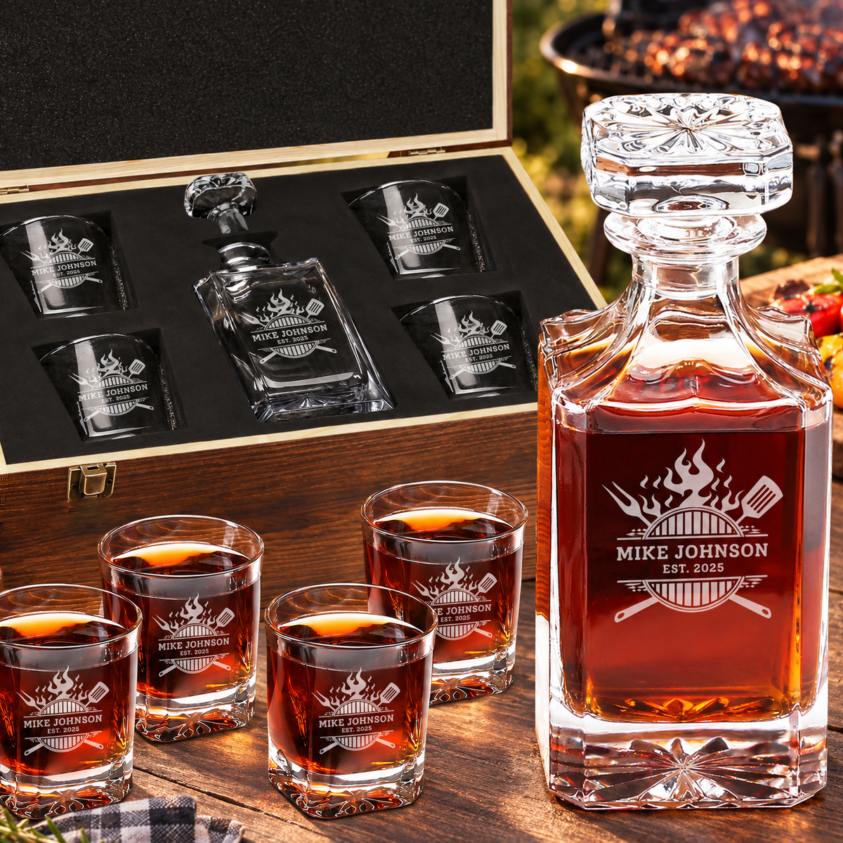 Gift for Grillmasters – Square Decanter Set with 4 Glasses & Wooden Box – image 01