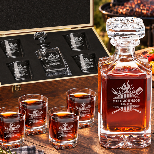 Gift for Grillmasters – Square Decanter Set with 4 Glasses & Wooden Box – image 01