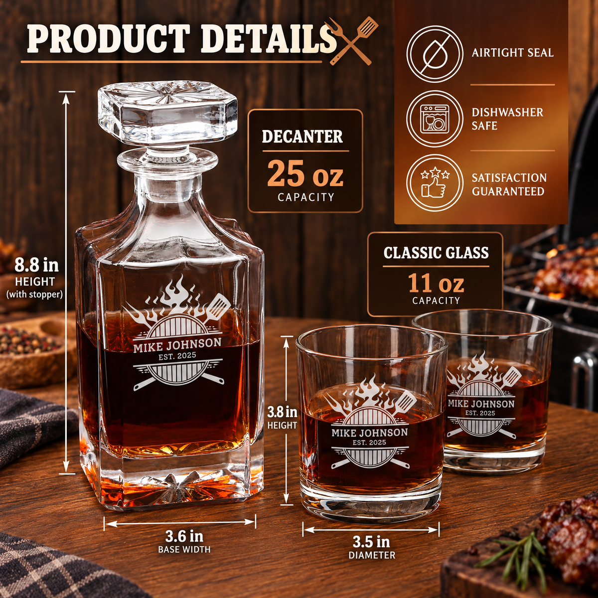 Gift for Grillmasters – Square Decanter Set with 4 Glasses & Wooden Box – image 02