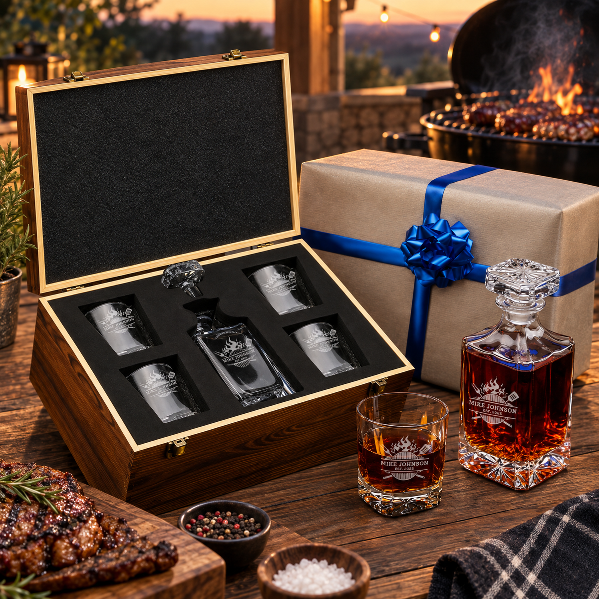 Gift for Grillmasters – Square Decanter Set with 4 Glasses & Wooden Box – image 04