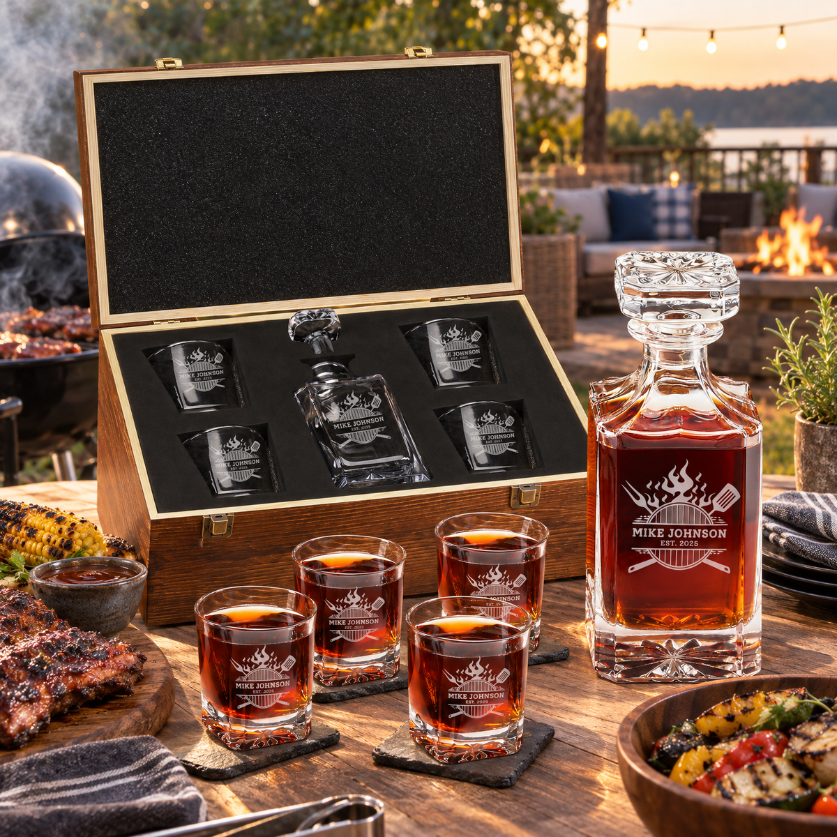 Gift for Grillmasters – Square Decanter Set with 4 Glasses & Wooden Box – image 10