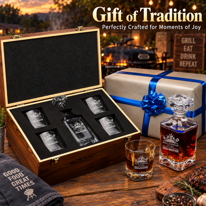 Gift for Grillmasters – Square Decanter Set with 4 Glasses & Wooden Box – image 12