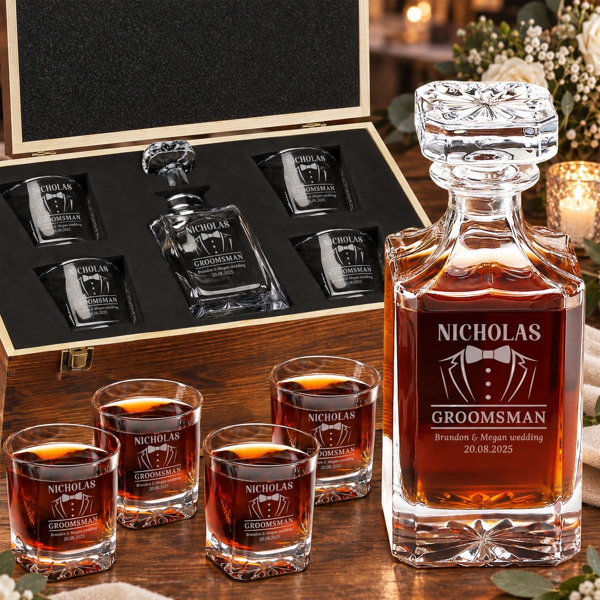 Groomsman Gift – Square Decanter Set with 4 Glasses & Wooden Box – image 01