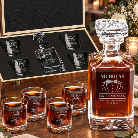 Groomsman Gift – Square Decanter Set with 4 Glasses & Wooden Box – image 01