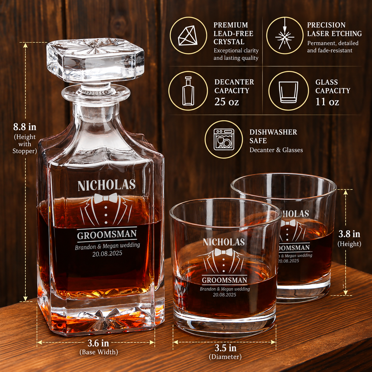 Groomsman Gift – Square Decanter Set with 4 Glasses & Wooden Box product image