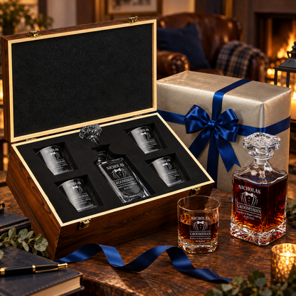 Groomsman Gift – Square Decanter Set with 4 Glasses & Wooden Box – image 04