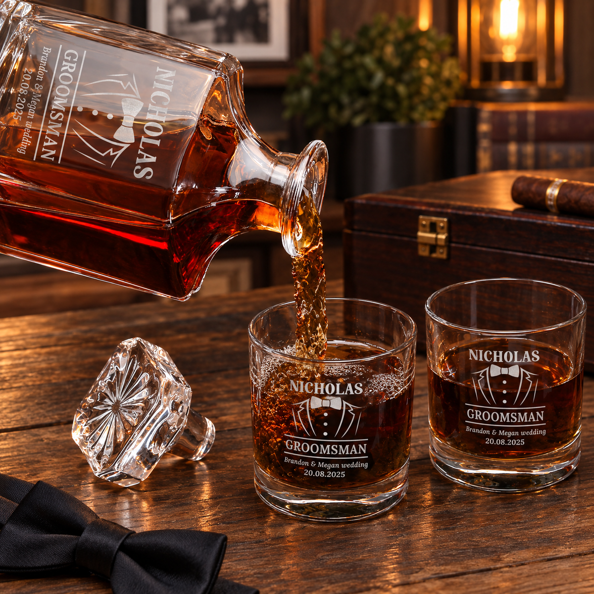 Groomsman Gift – Square Decanter Set with 4 Glasses & Wooden Box product image