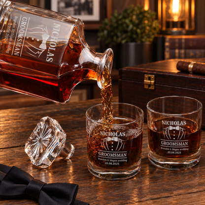 Groomsman Gift – Square Decanter Set with 4 Glasses & Wooden Box – image 06