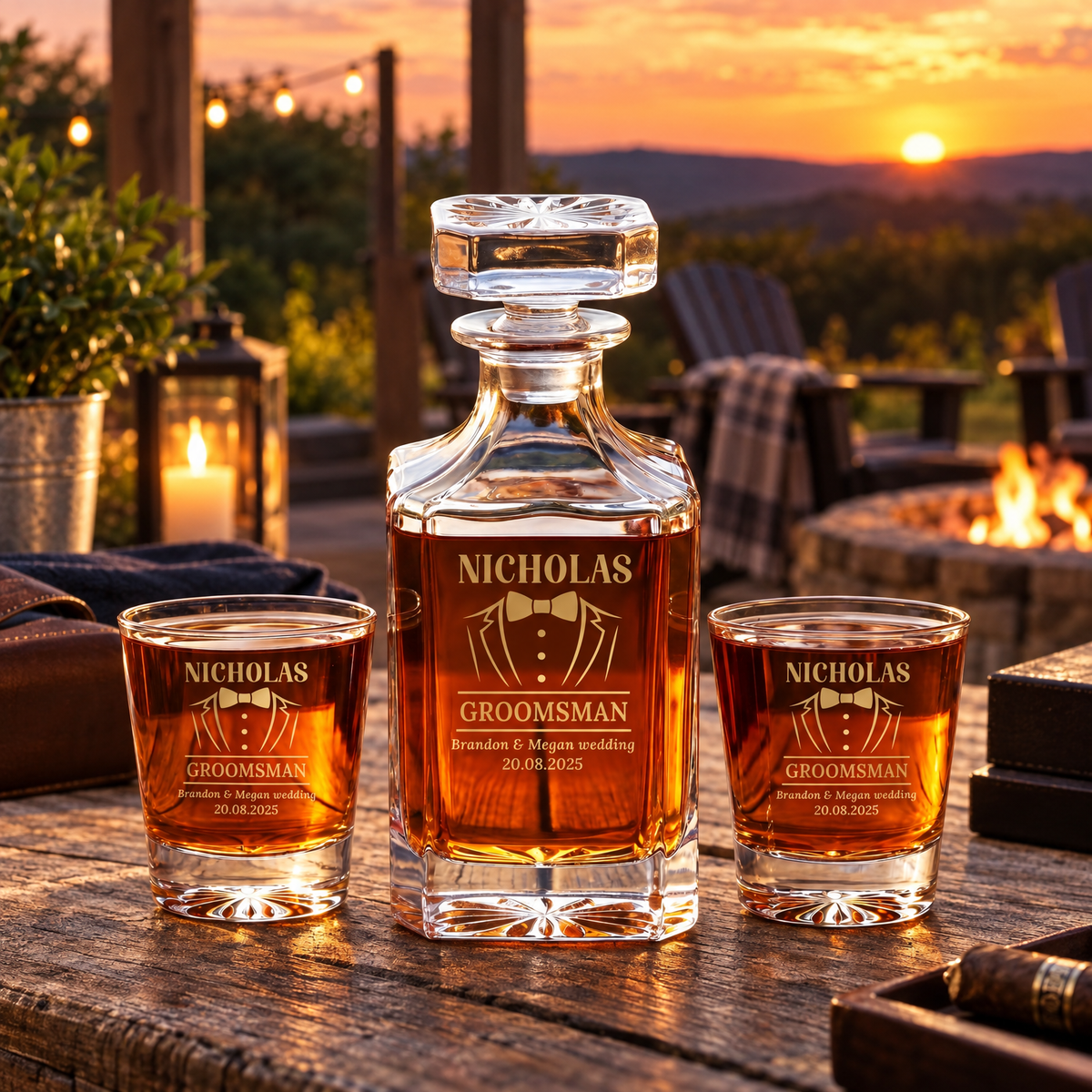 Groomsman Gift – Square Decanter Set with 4 Glasses & Wooden Box product image