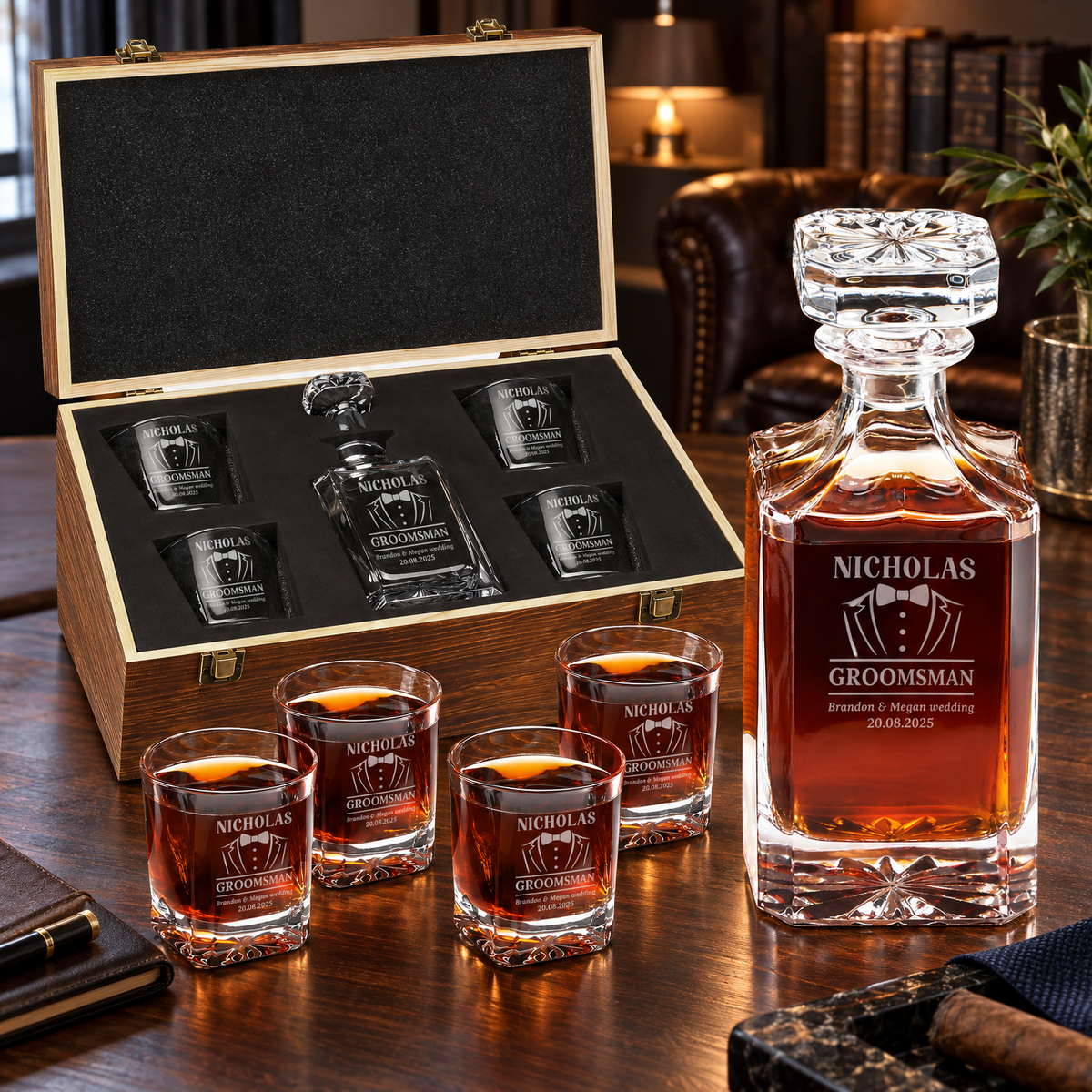 Groomsman Gift – Square Decanter Set with 4 Glasses & Wooden Box – image 10
