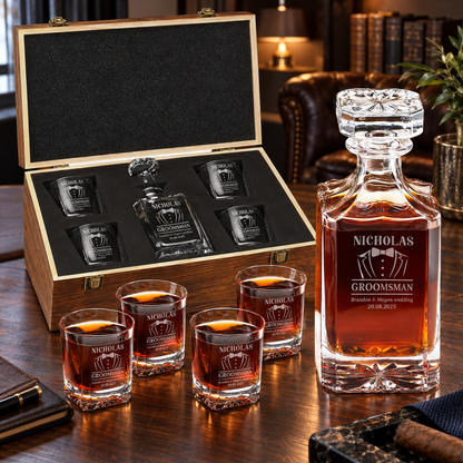Groomsman Gift – Square Decanter Set with 4 Glasses & Wooden Box – image 10
