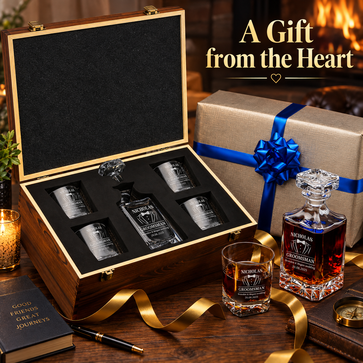 Groomsman Gift – Square Decanter Set with 4 Glasses & Wooden Box – image 12