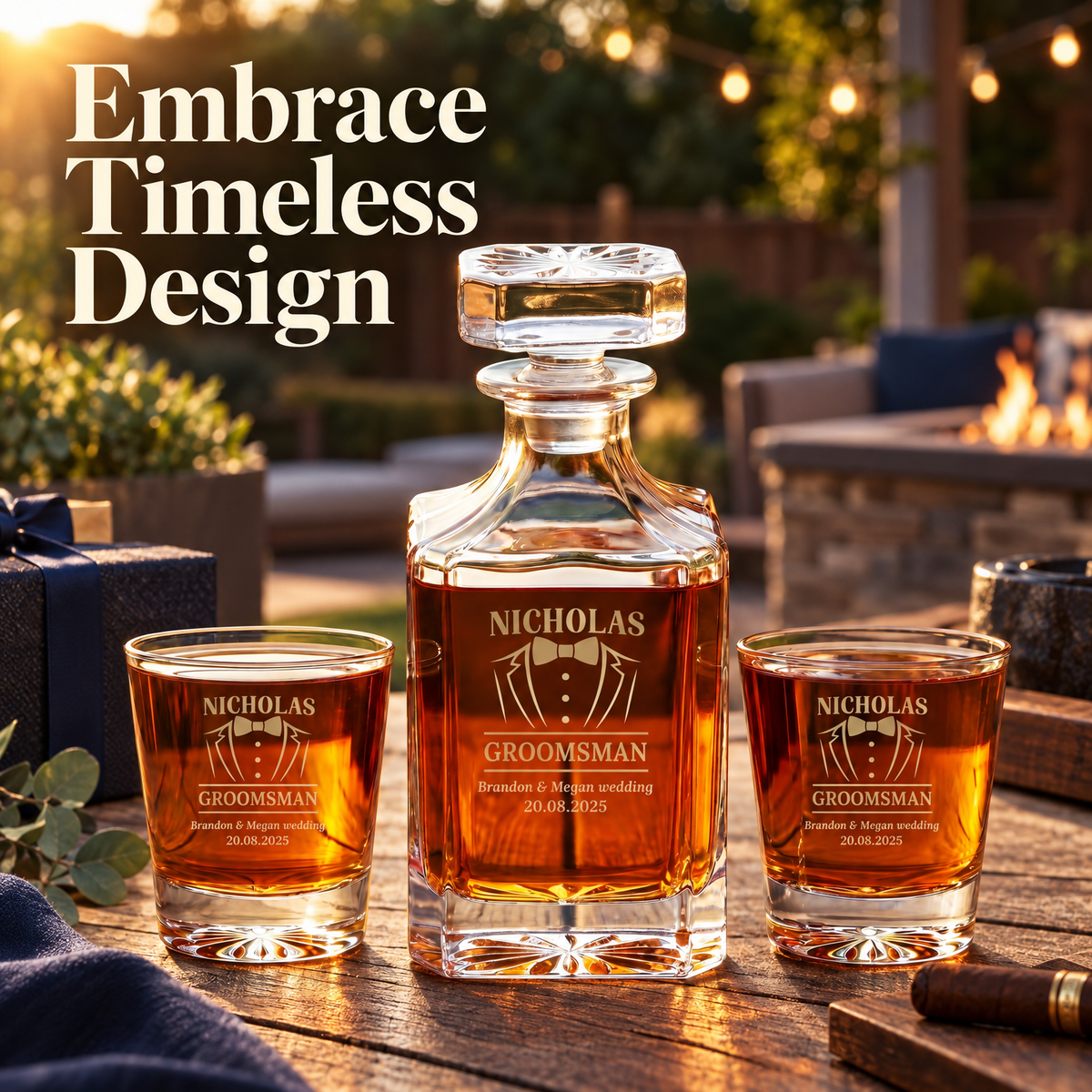 Groomsman Gift – Square Decanter Set with 4 Glasses & Wooden Box product image