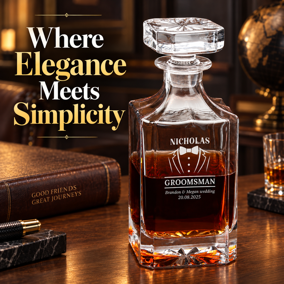 Groomsman Gift – Square Decanter Set with 4 Glasses & Wooden Box product image