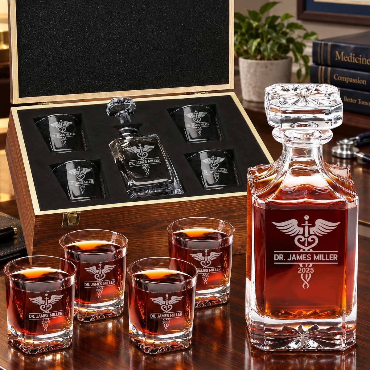 Healthcare Company Gifts – Square Decanter Set with 4 Glasses & Wooden Box product image