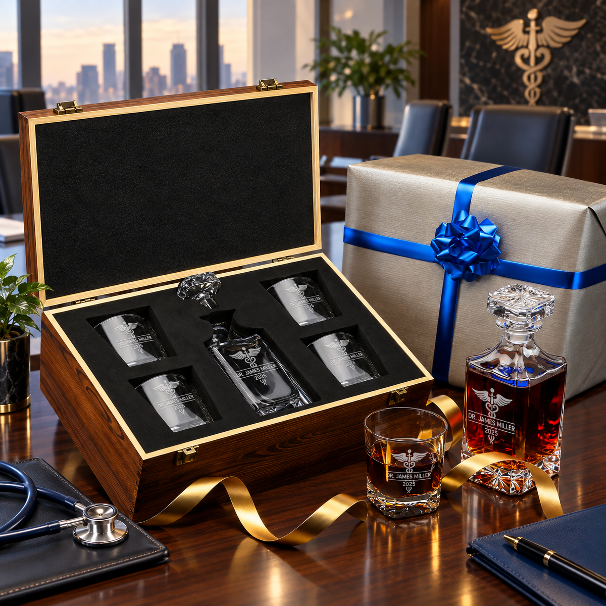 Healthcare Company Gifts – Square Decanter Set with 4 Glasses & Wooden Box product image