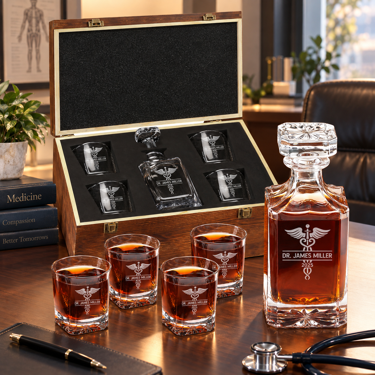 Healthcare Company Gifts – Square Decanter Set with 4 Glasses & Wooden Box product image