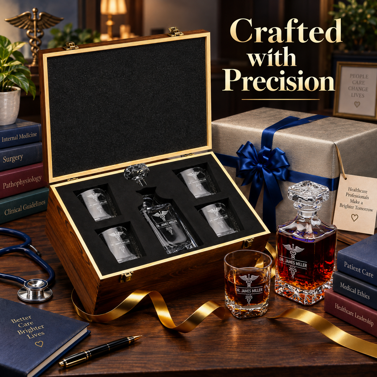 Healthcare Company Gifts – Square Decanter Set with 4 Glasses & Wooden Box product image