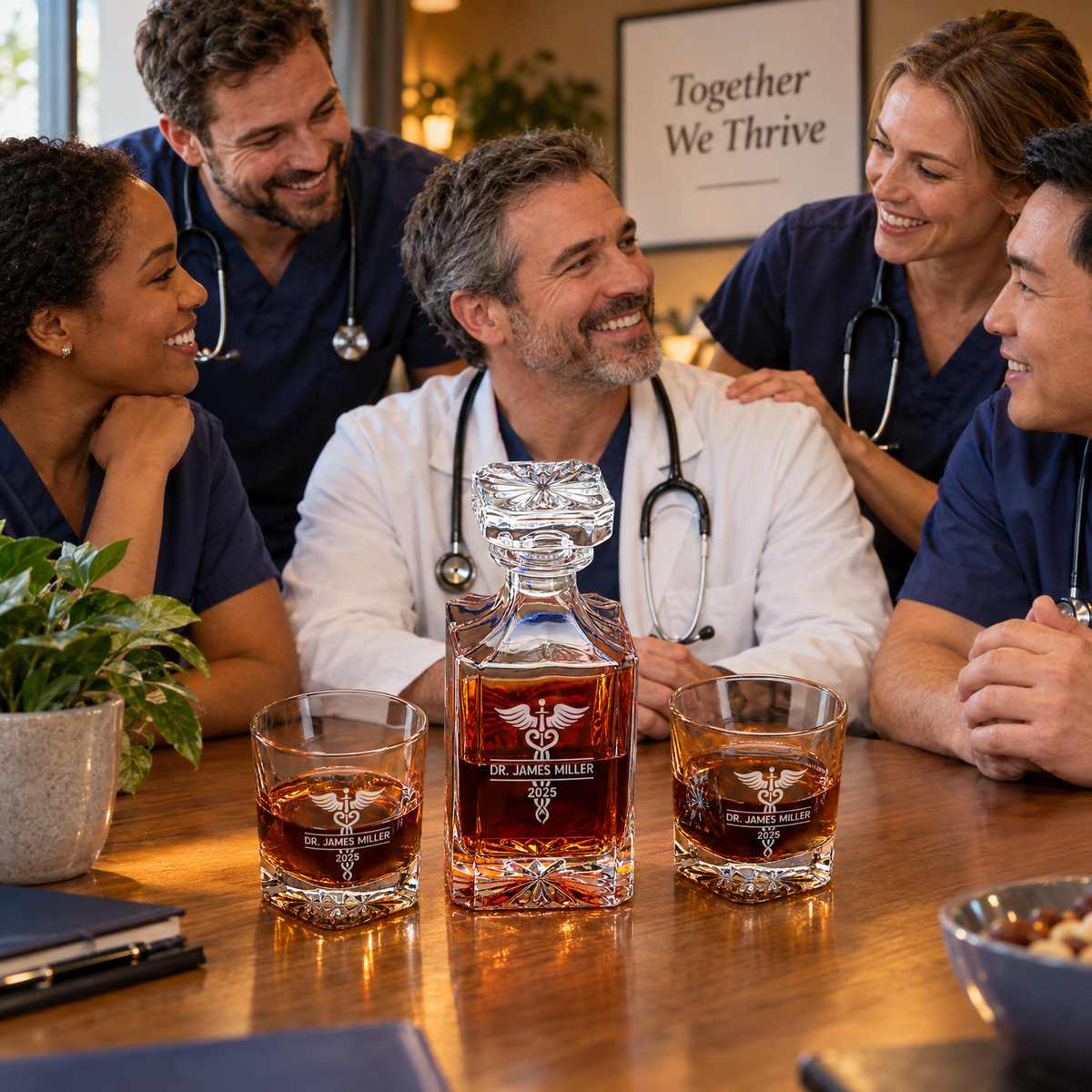 Healthcare Company Gifts – Square Decanter Set with 4 Glasses & Wooden Box product image