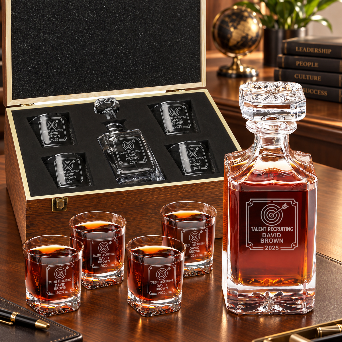 Human Resources Company Gifts – Square Decanter Set with 4 Glasses & Wooden Box product image