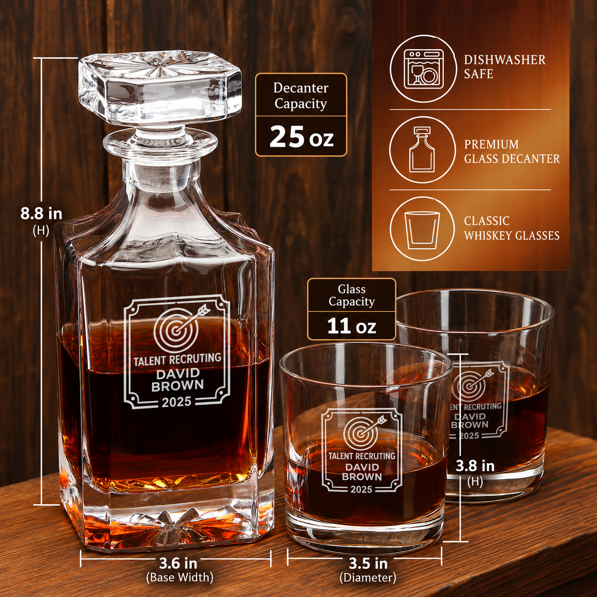 Human Resources Company Gifts – Square Decanter Set with 4 Glasses & Wooden Box – image 02