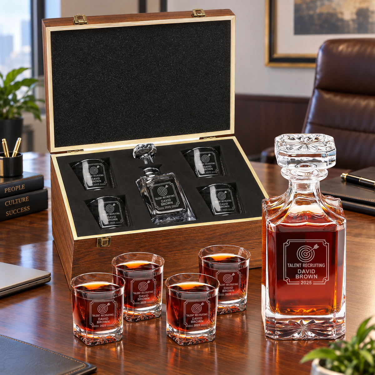Human Resources Company Gifts – Square Decanter Set with 4 Glasses & Wooden Box product image
