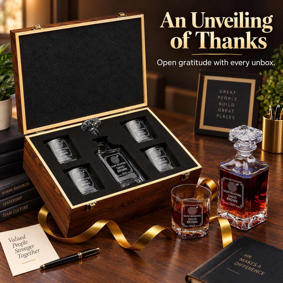 Human Resources Company Gifts – Square Decanter Set with 4 Glasses & Wooden Box – image 12