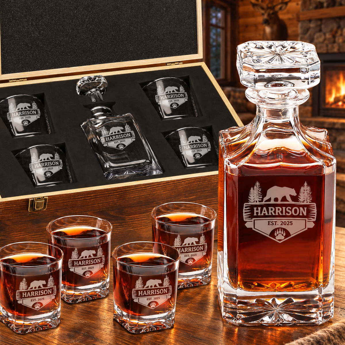 Gift for Hunters – Square Decanter Set with 4 Glasses & Wooden Box product image