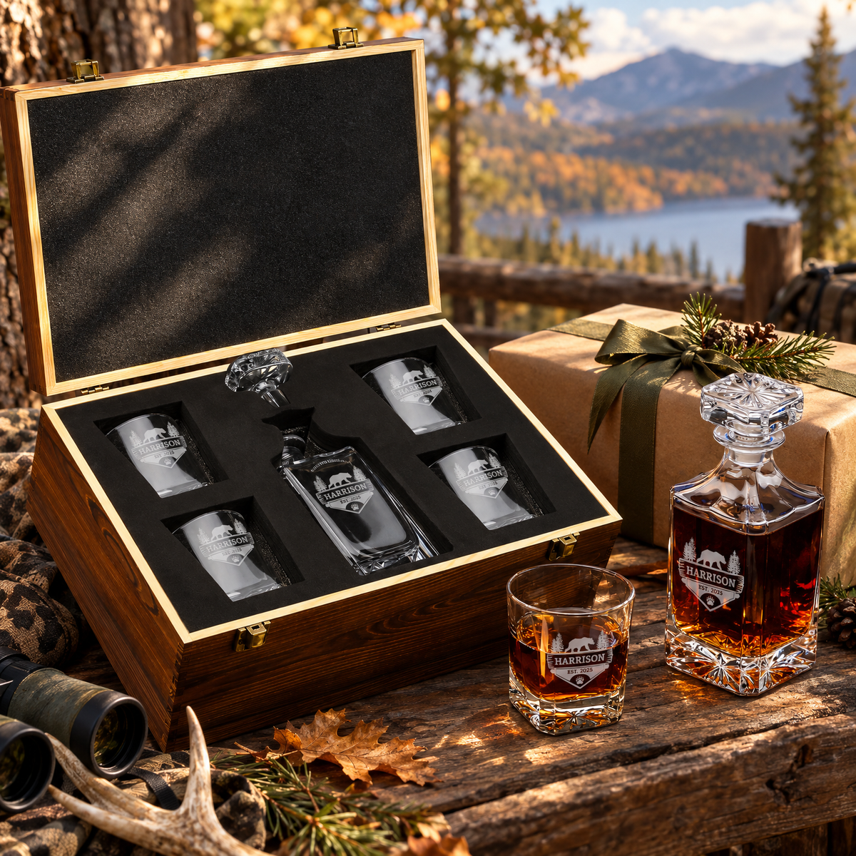 Gift for Hunters – Square Decanter Set with 4 Glasses & Wooden Box – image 04
