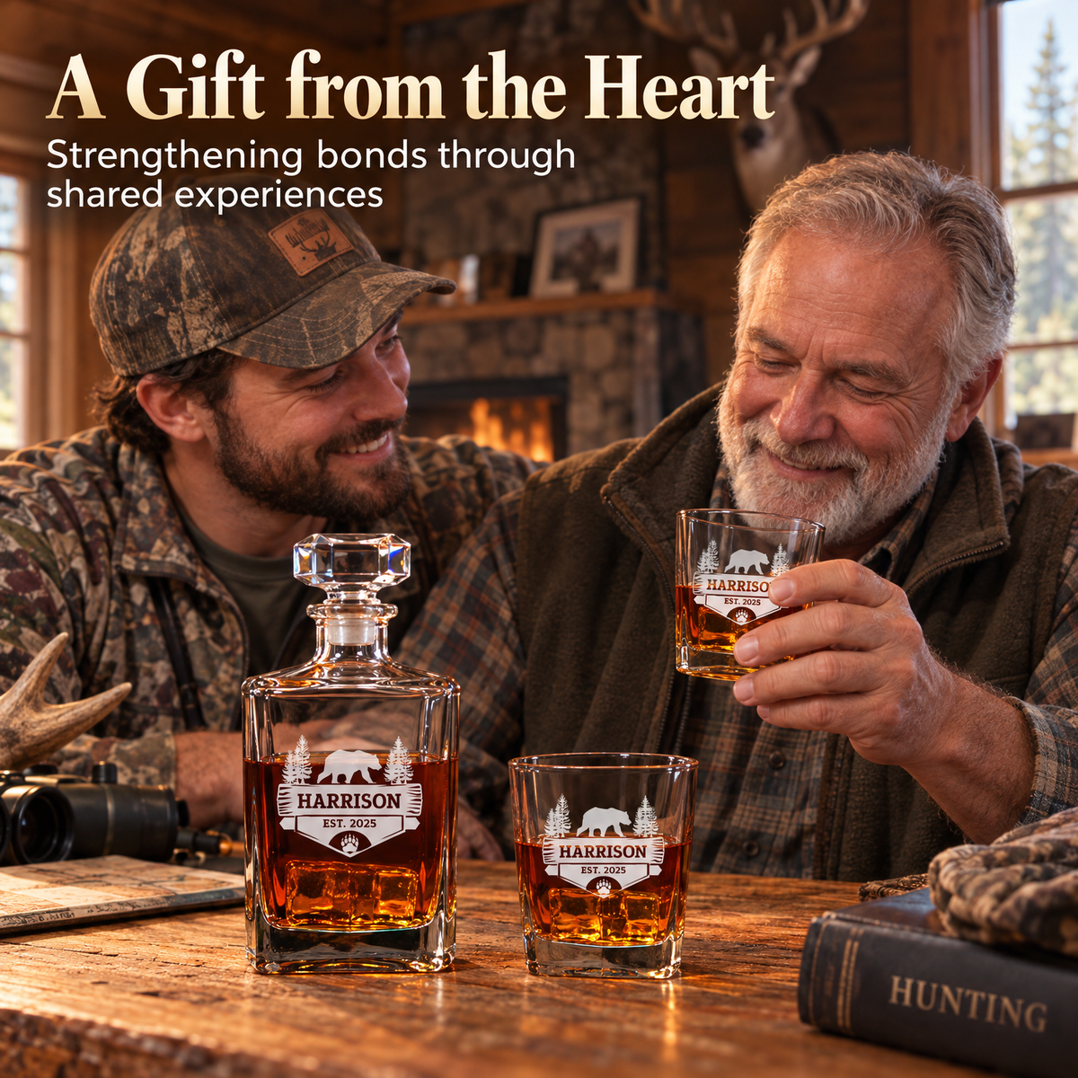 Gift for Hunters – Square Decanter Set with 4 Glasses & Wooden Box product image