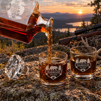 Gift for Hunters – Square Decanter Set with 4 Glasses & Wooden Box – image 06
