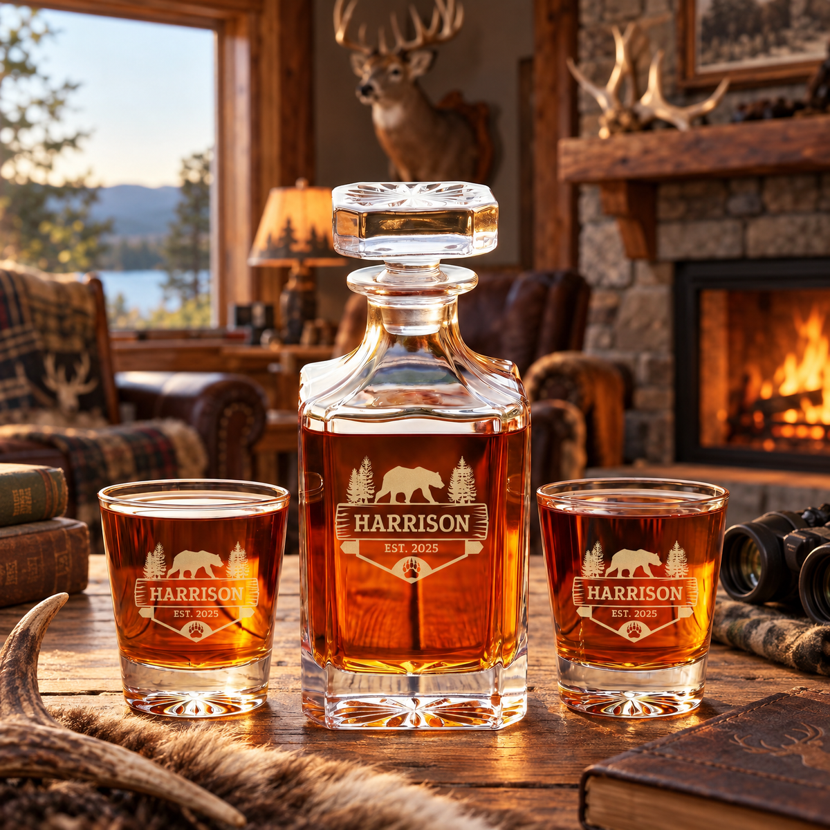 Gift for Hunters – Square Decanter Set with 4 Glasses & Wooden Box – image 08