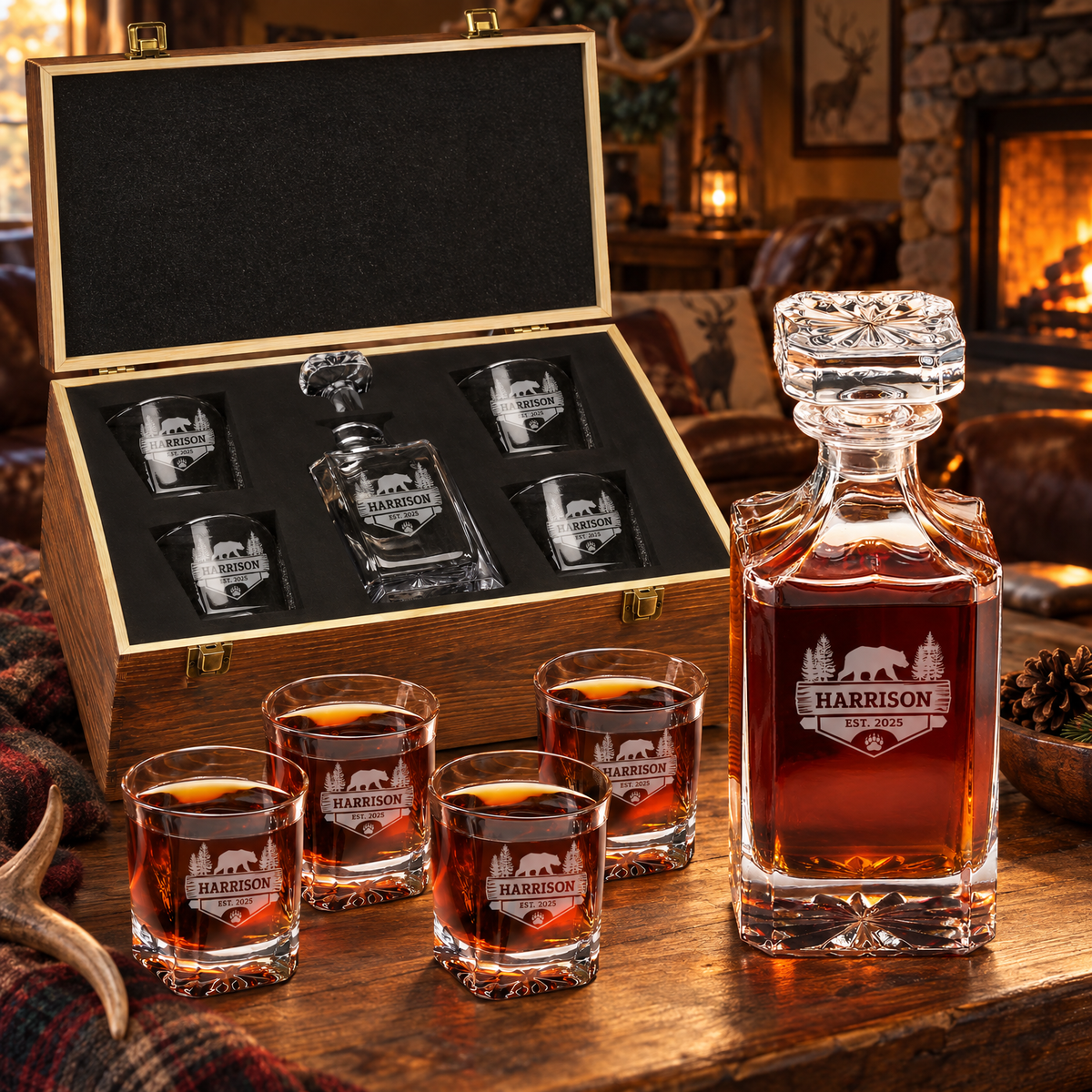 Gift for Hunters – Square Decanter Set with 4 Glasses & Wooden Box – image 10