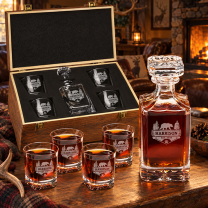 Gift for Hunters – Square Decanter Set with 4 Glasses & Wooden Box – image 10