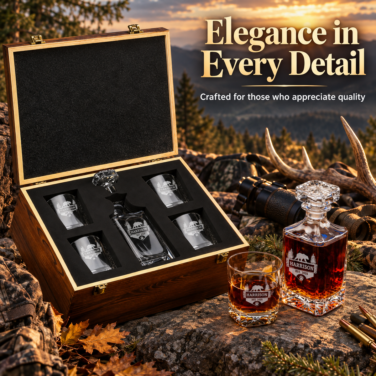 Gift for Hunters – Square Decanter Set with 4 Glasses & Wooden Box – image 12