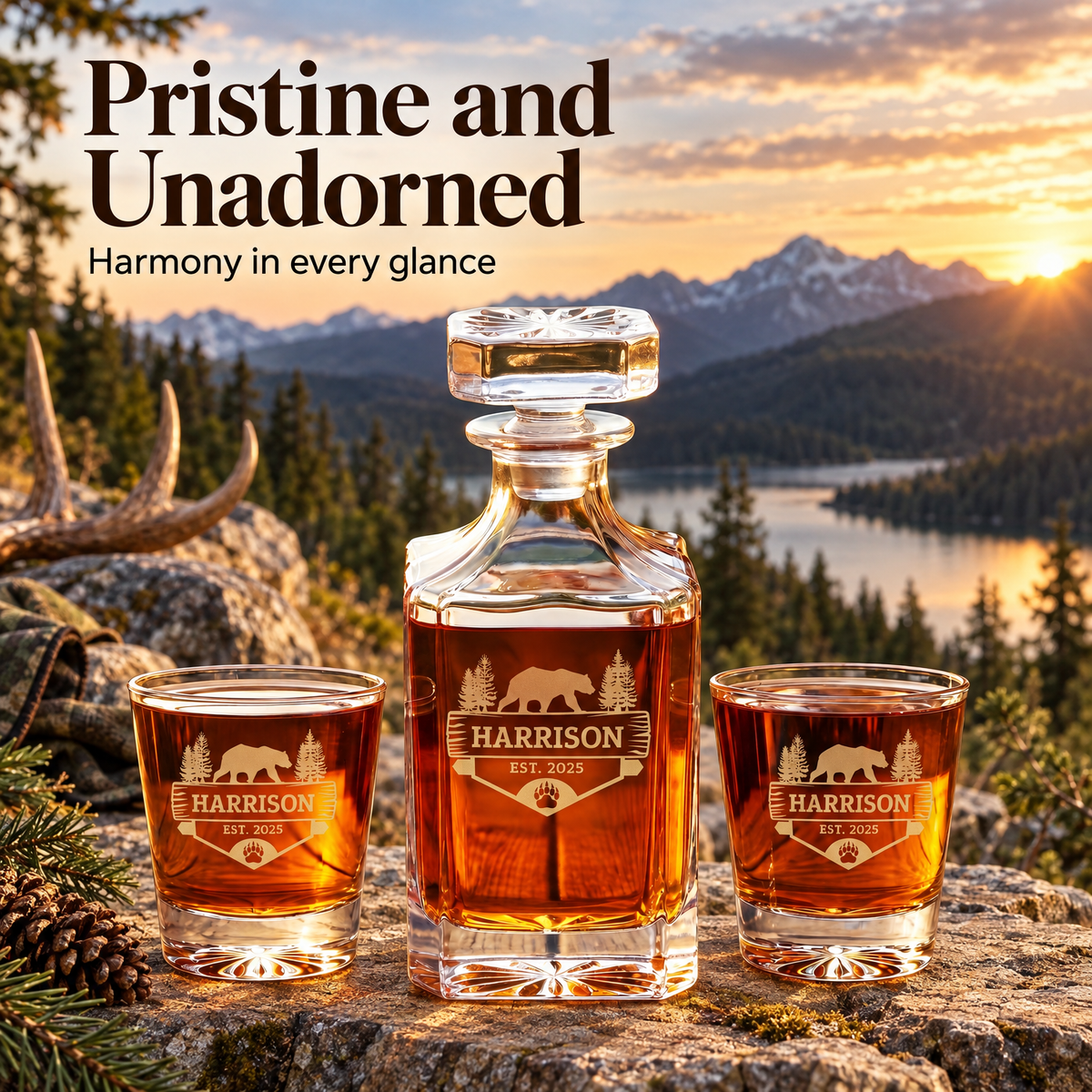 Gift for Hunters – Square Decanter Set with 4 Glasses & Wooden Box product image