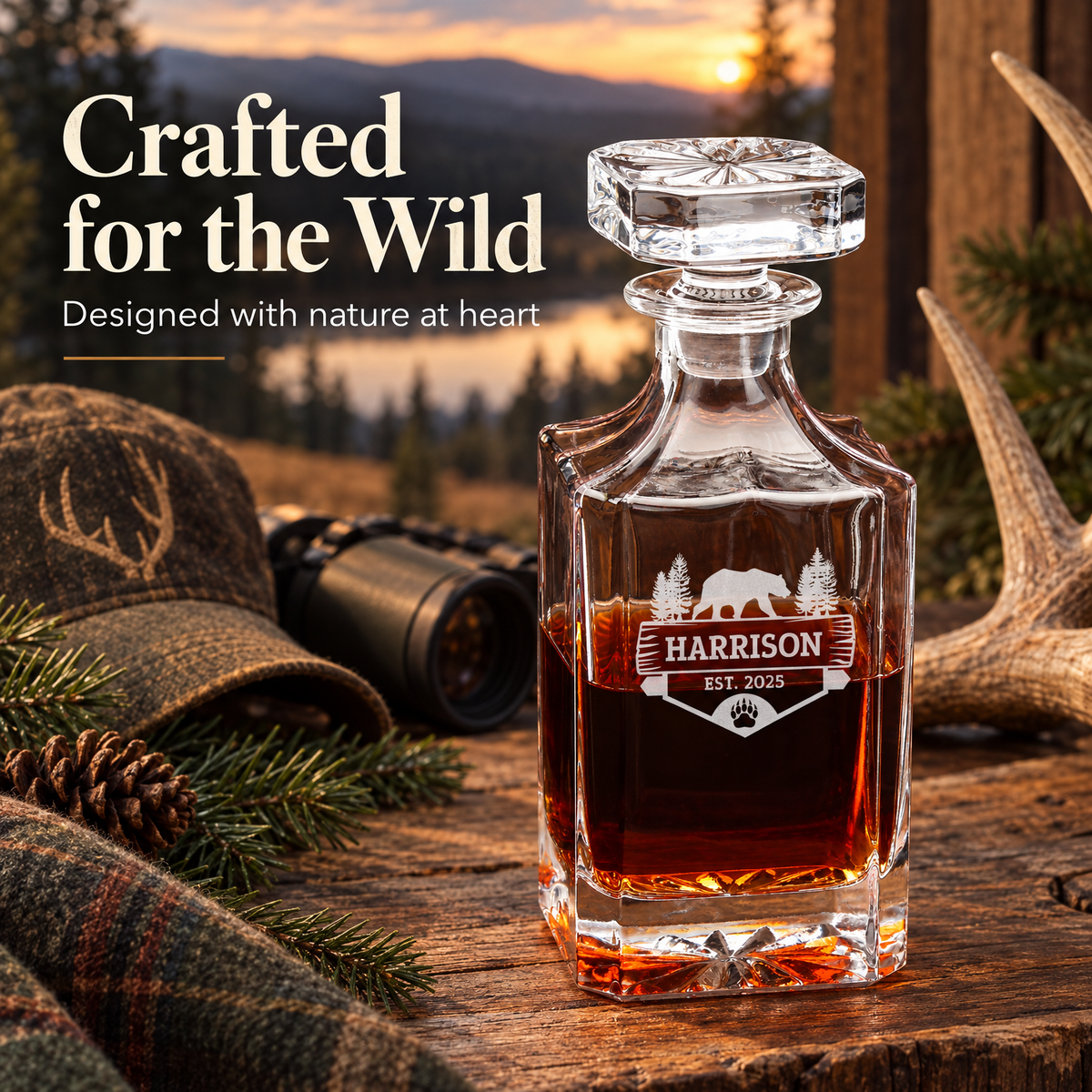 Gift for Hunters – Square Decanter Set with 4 Glasses & Wooden Box product image