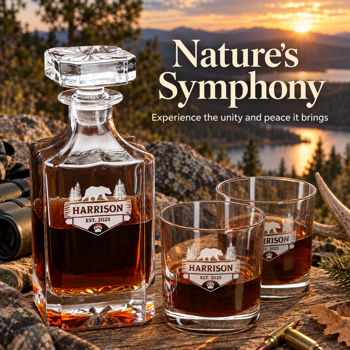 Gift for Hunters – Square Decanter Set with 4 Glasses & Wooden Box product image