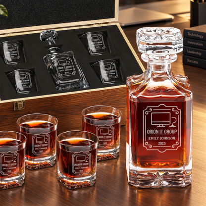 Technology Company Gifts – Square Decanter Set with 4 Glasses & Wooden Box – image 01