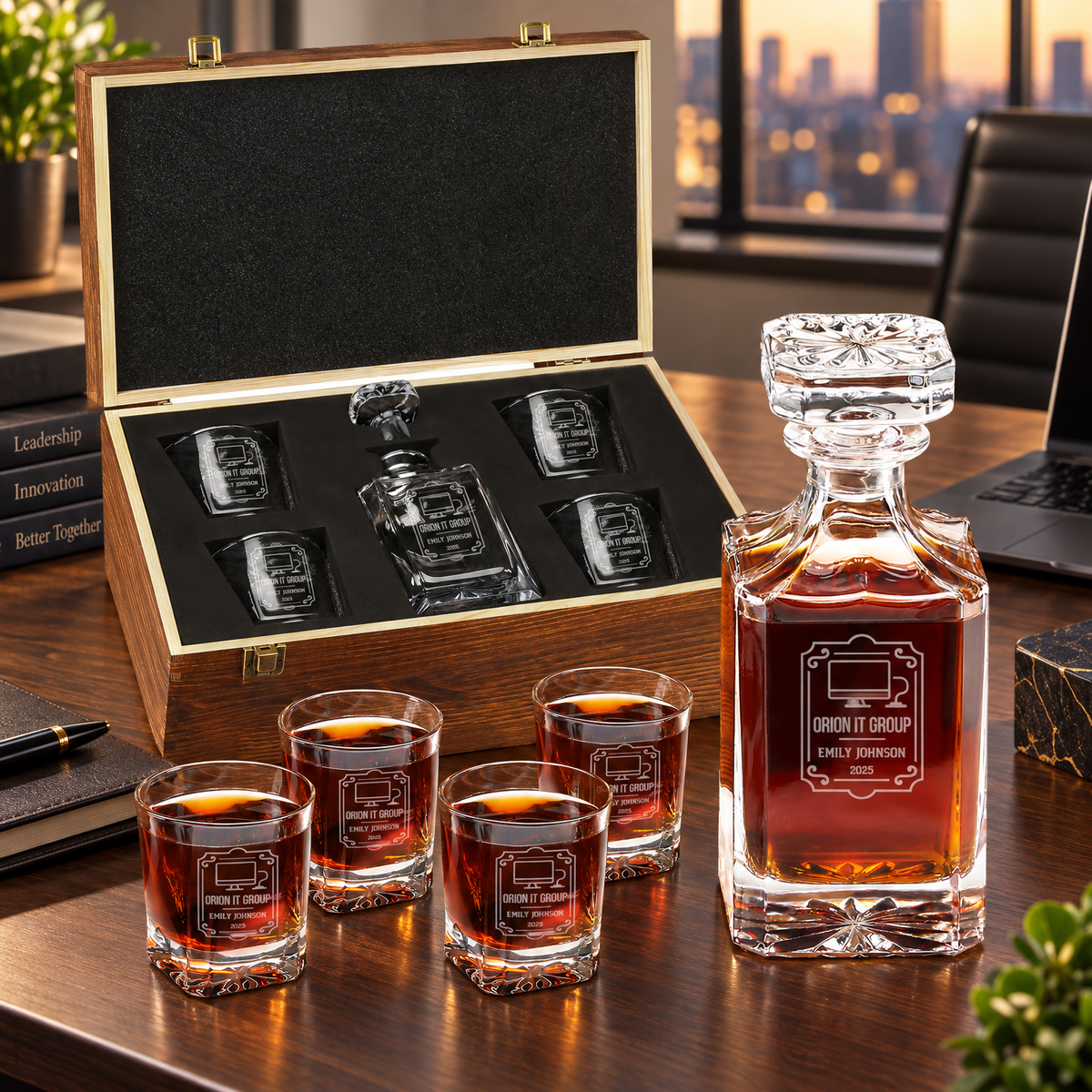 Technology Company Gifts – Square Decanter Set with 4 Glasses & Wooden Box – image 10