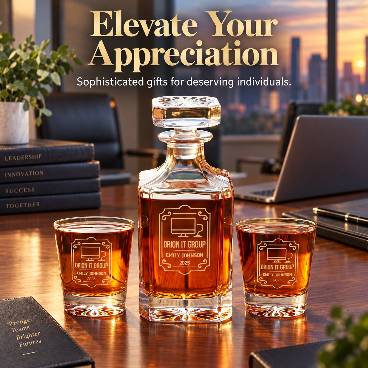 Technology Company Gifts – Square Decanter Set with 4 Glasses & Wooden Box product image