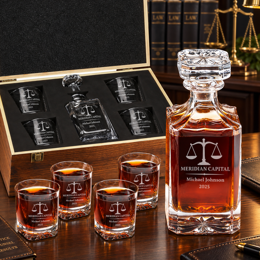 Legal Company Gifts – Square Decanter Set with 4 Glasses & Wooden Box – image 01