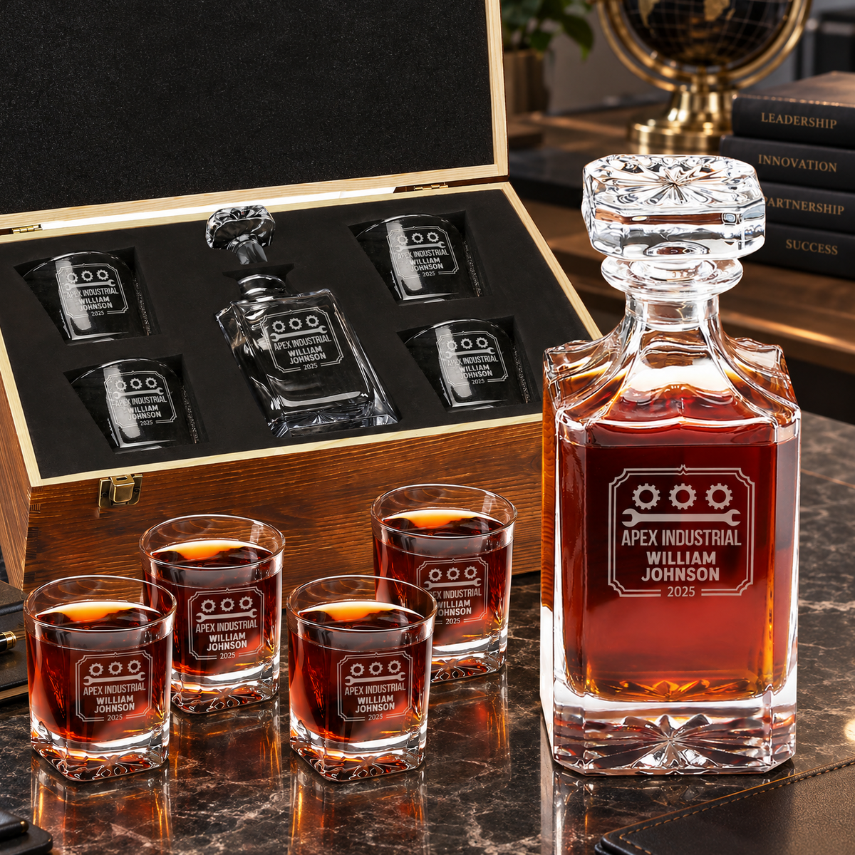 Manufacturing Company Gifts – Square Decanter Set with 4 Glasses & Wooden Box product image