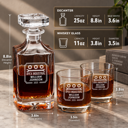 Manufacturing Company Gifts – Square Decanter Set with 4 Glasses & Wooden Box – image 02
