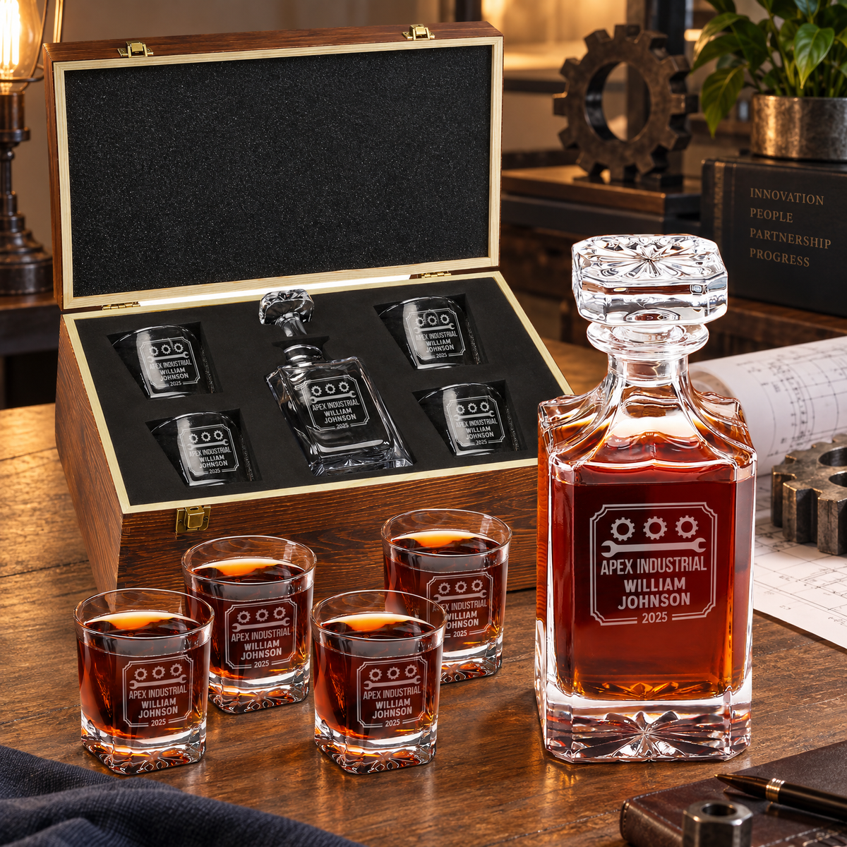 Manufacturing Company Gifts – Square Decanter Set with 4 Glasses & Wooden Box product image