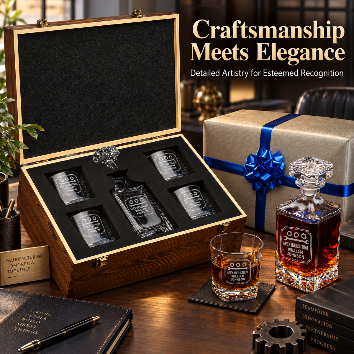 Manufacturing Company Gifts – Square Decanter Set with 4 Glasses & Wooden Box – image 12