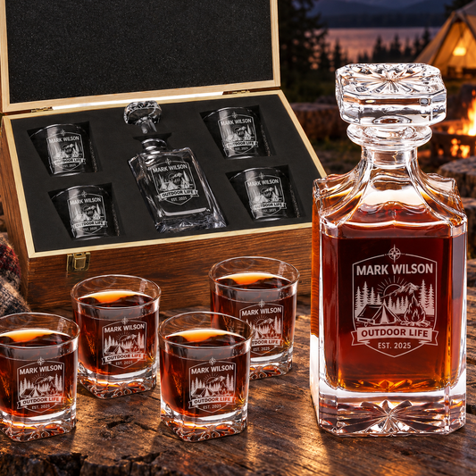 Gift for Outdoorsmen – Square Decanter Set with 4 Glasses & Wooden Box – image 01
