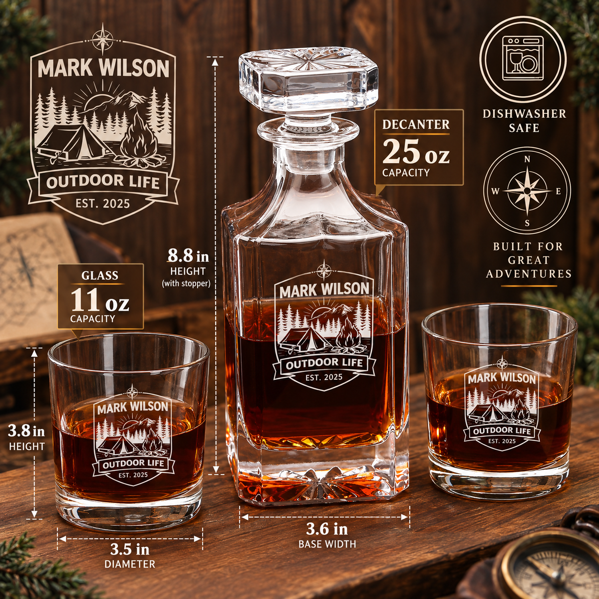 Gift for Outdoorsmen – Square Decanter Set with 4 Glasses & Wooden Box – image 02